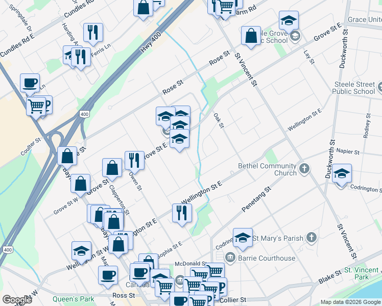 map of restaurants, bars, coffee shops, grocery stores, and more near 21 Davidson Street in Barrie