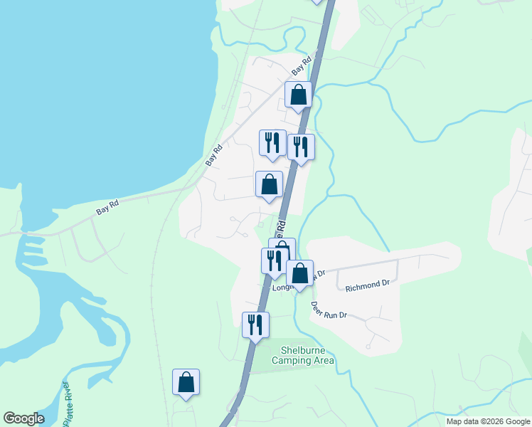 map of restaurants, bars, coffee shops, grocery stores, and more near 41 Maple Leaf Lane in Shelburne