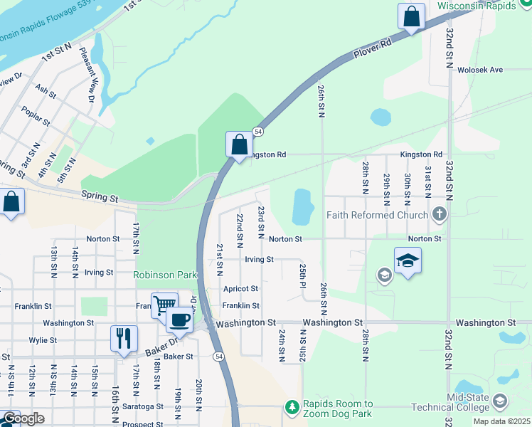 map of restaurants, bars, coffee shops, grocery stores, and more near 1420 23rd Street North in Wisconsin Rapids