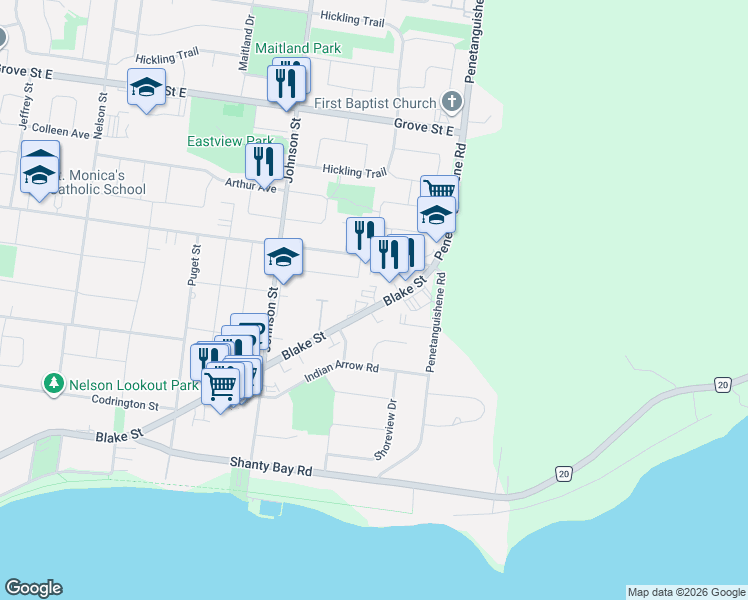 map of restaurants, bars, coffee shops, grocery stores, and more near in Barrie