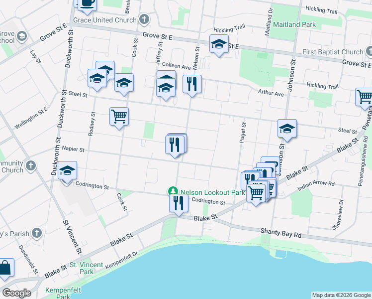 map of restaurants, bars, coffee shops, grocery stores, and more near 83 Nelson Street in Barrie