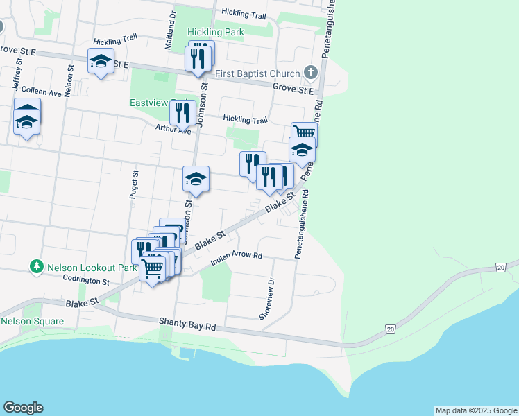 map of restaurants, bars, coffee shops, grocery stores, and more near in Barrie