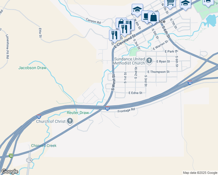 map of restaurants, bars, coffee shops, grocery stores, and more near 916 South West Street in Sundance