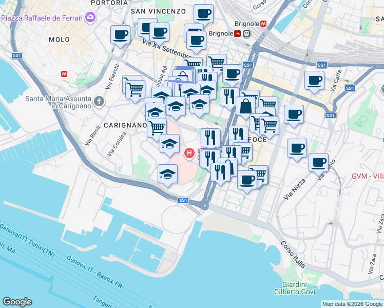 map of restaurants, bars, coffee shops, grocery stores, and more near 2 Via Mura delle Cappuccine in Genova