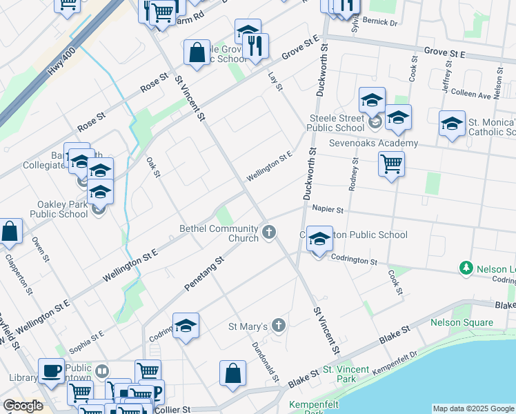 map of restaurants, bars, coffee shops, grocery stores, and more near 234 Wellington Street East in Barrie