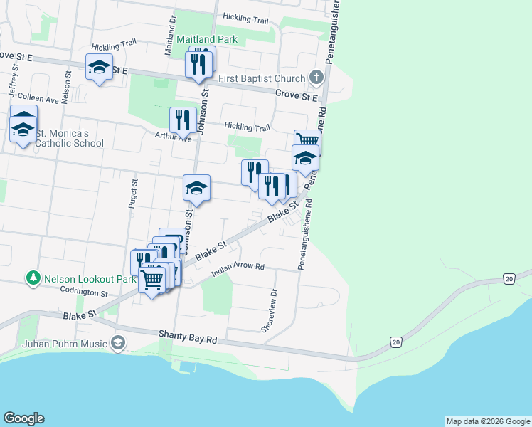 map of restaurants, bars, coffee shops, grocery stores, and more near 418 Blake Street in Barrie