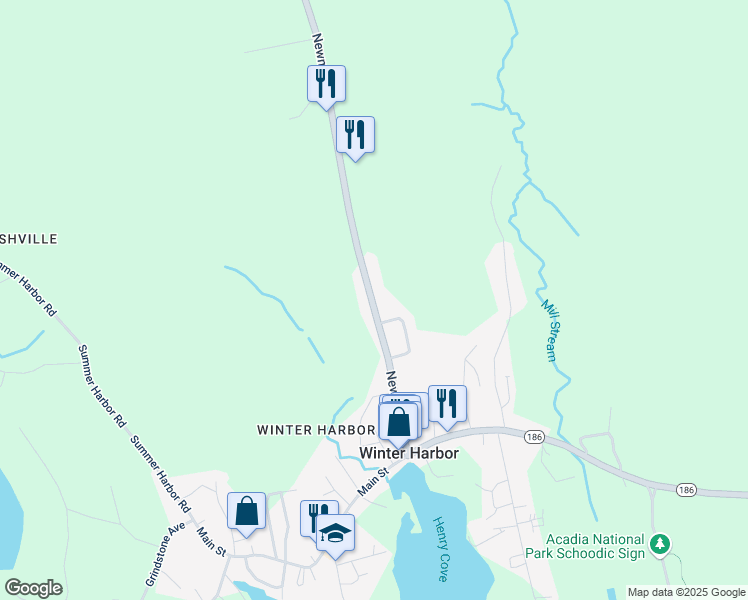 map of restaurants, bars, coffee shops, grocery stores, and more near 49 Newman Street in Winter Harbor