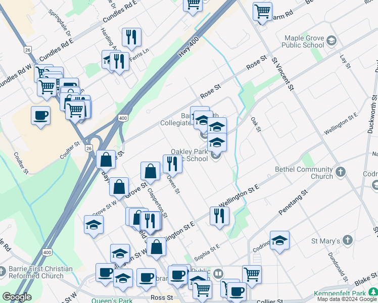 map of restaurants, bars, coffee shops, grocery stores, and more near 40 Newton Street in Barrie