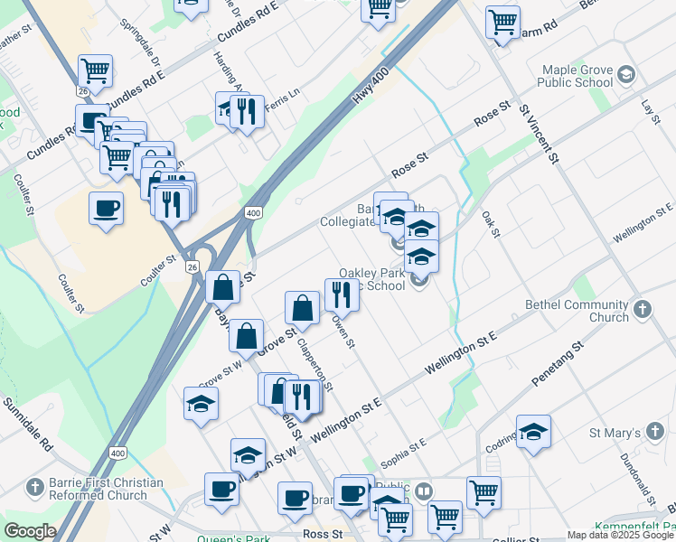 map of restaurants, bars, coffee shops, grocery stores, and more near in Barrie