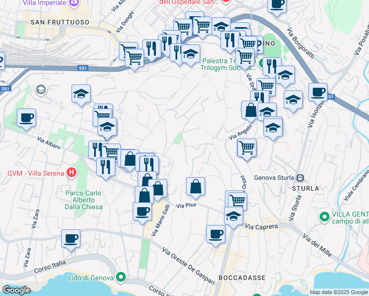 map of restaurants, bars, coffee shops, grocery stores, and more near 34 Via Edoardo Jenner in Genova