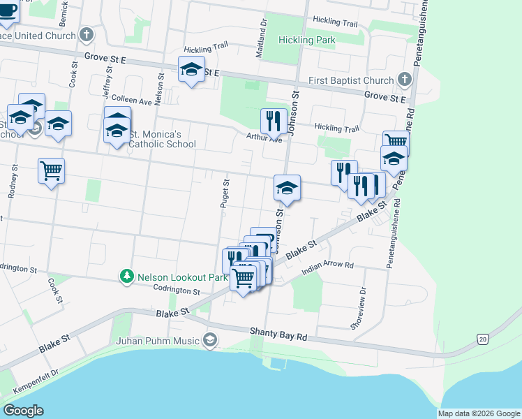 map of restaurants, bars, coffee shops, grocery stores, and more near Downsview Drive in Barrie