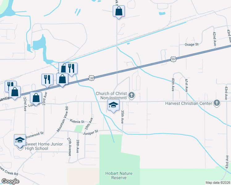 map of restaurants, bars, coffee shops, grocery stores, and more near 1206 Clark Mill Road in Sweet Home