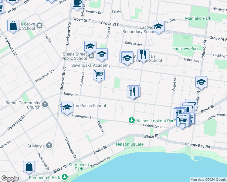 map of restaurants, bars, coffee shops, grocery stores, and more near 67 Strabane Avenue in Barrie