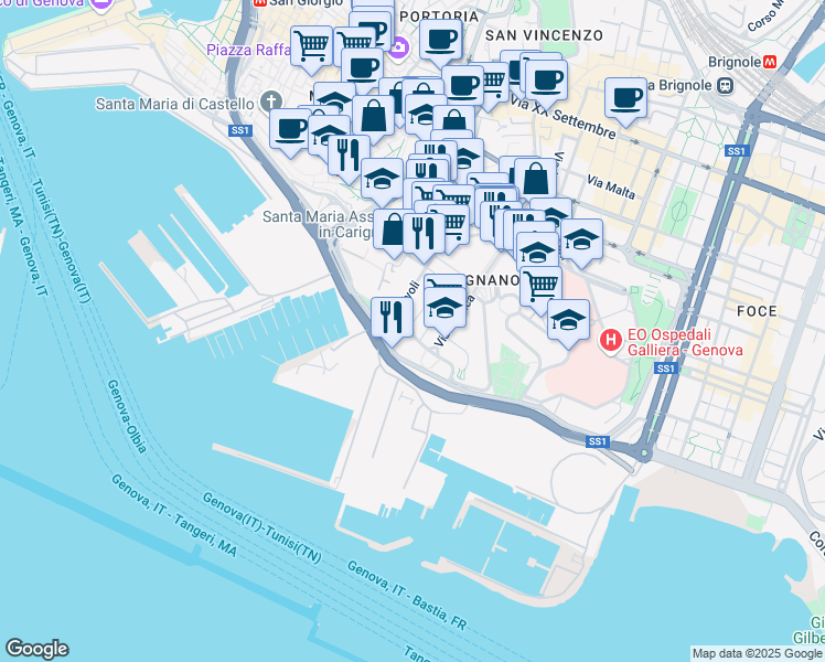 map of restaurants, bars, coffee shops, grocery stores, and more near Via Rivoli in Genoa