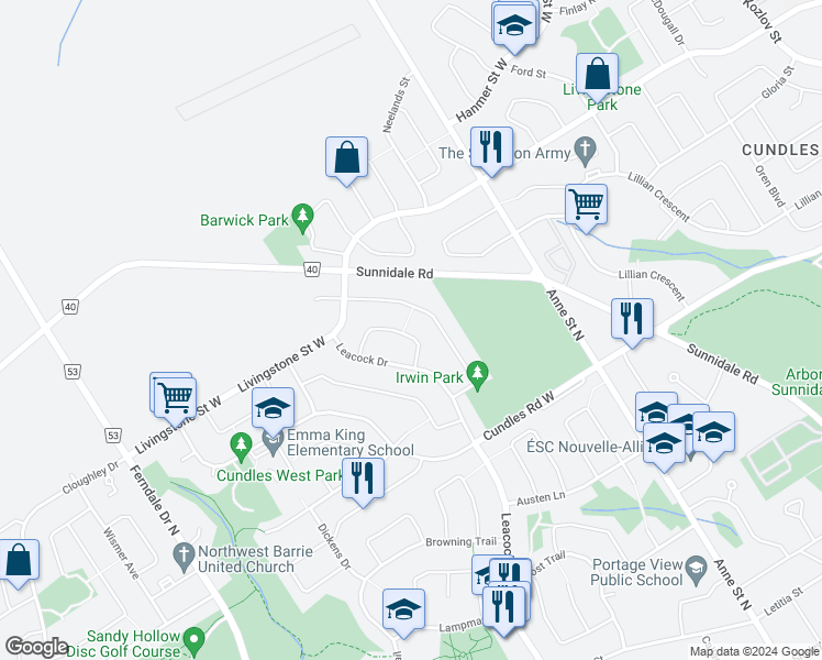 map of restaurants, bars, coffee shops, grocery stores, and more near 32 Geddes Crescent in Barrie