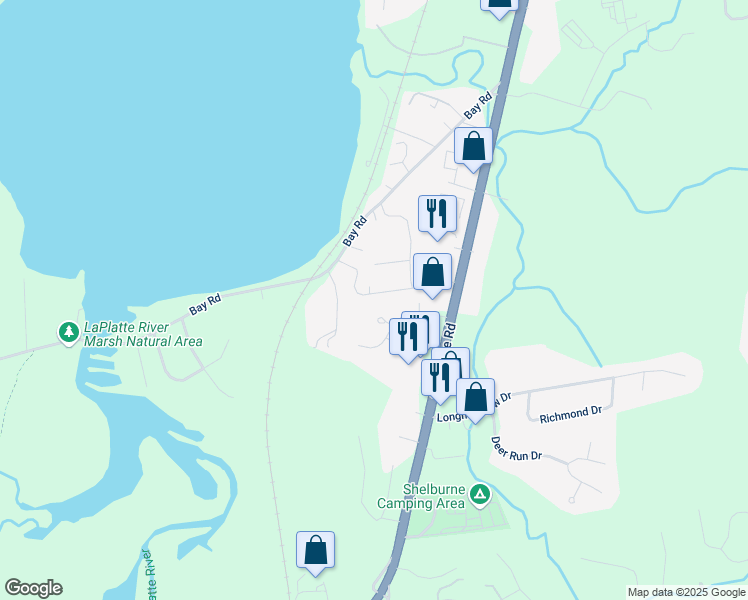 map of restaurants, bars, coffee shops, grocery stores, and more near 192 Maple Leaf Lane in Shelburne