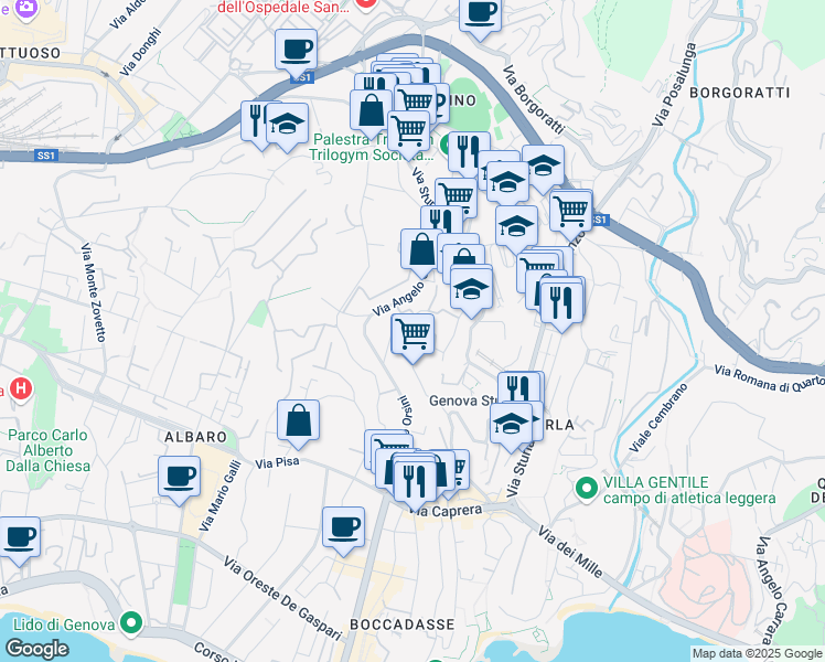 map of restaurants, bars, coffee shops, grocery stores, and more near 75 Via San Pio X in Genova