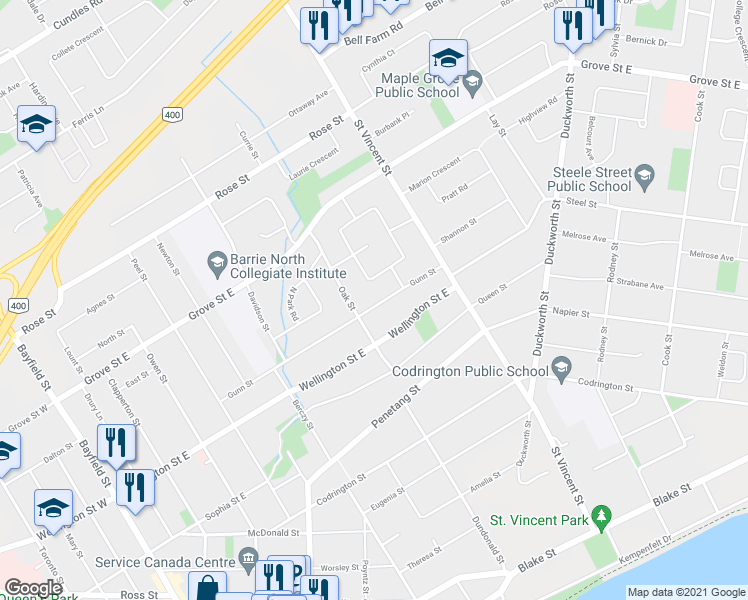 map of restaurants, bars, coffee shops, grocery stores, and more near 122 Gunn Street in Barrie