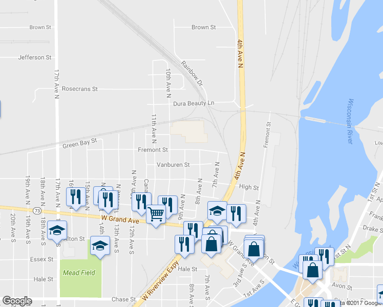 map of restaurants, bars, coffee shops, grocery stores, and more near 831 Fremont Street in Wisconsin Rapids