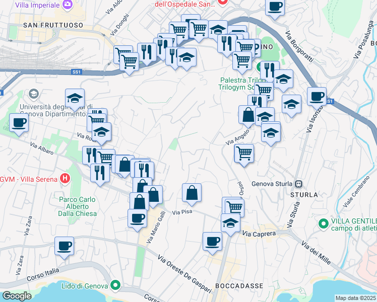 map of restaurants, bars, coffee shops, grocery stores, and more near 34 Via Edoardo Jenner in Genoa