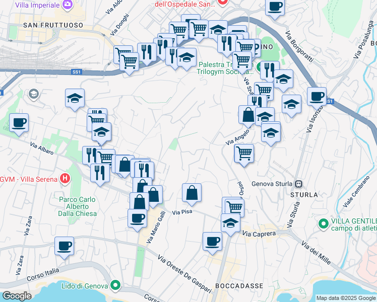 map of restaurants, bars, coffee shops, grocery stores, and more near 34 Via Edoardo Jenner in Genoa