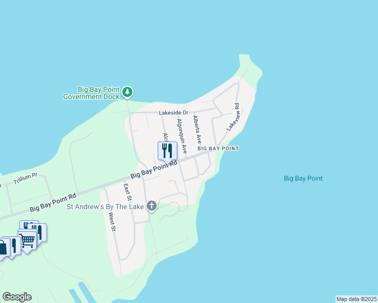 map of restaurants, bars, coffee shops, grocery stores, and more near 3914 Algonquin Avenue in Innisfil