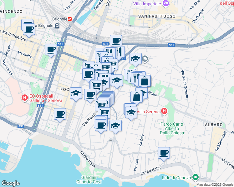 map of restaurants, bars, coffee shops, grocery stores, and more near 42 Via Trento in Genoa