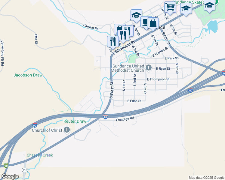 map of restaurants, bars, coffee shops, grocery stores, and more near 123 W Alden St in Sundance