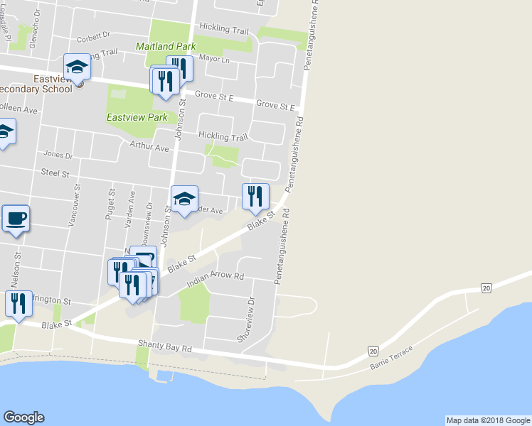 map of restaurants, bars, coffee shops, grocery stores, and more near 444 Blake Street in Barrie