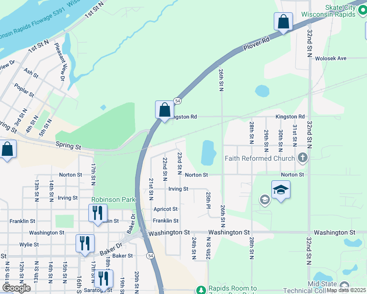 map of restaurants, bars, coffee shops, grocery stores, and more near 1430 23rd Street North in Wisconsin Rapids