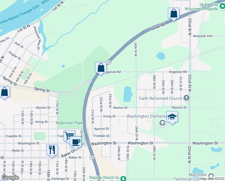 map of restaurants, bars, coffee shops, grocery stores, and more near 1510 23rd Street North in Wisconsin Rapids
