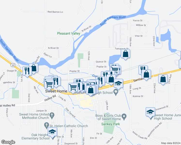 map of restaurants, bars, coffee shops, grocery stores, and more near 1625 12th Avenue in Sweet Home
