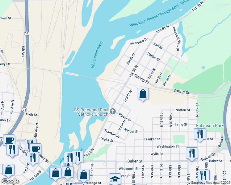 map of restaurants, bars, coffee shops, grocery stores, and more near 90 Love Street in Wisconsin Rapids