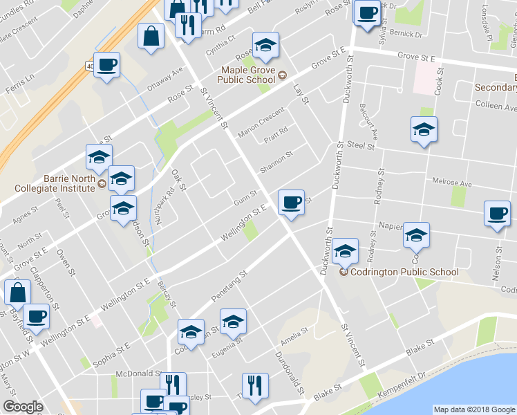map of restaurants, bars, coffee shops, grocery stores, and more near 226 Wellington Street East in Barrie