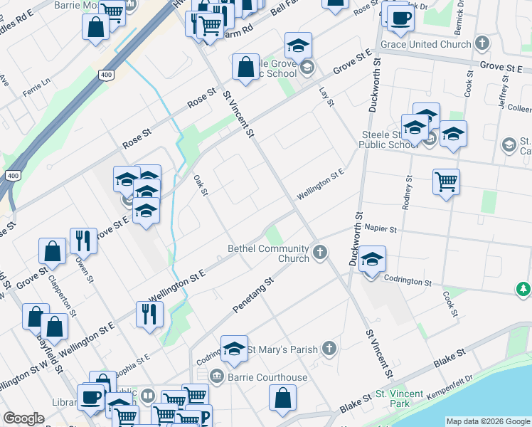 map of restaurants, bars, coffee shops, grocery stores, and more near 149 Gunn Street in Barrie