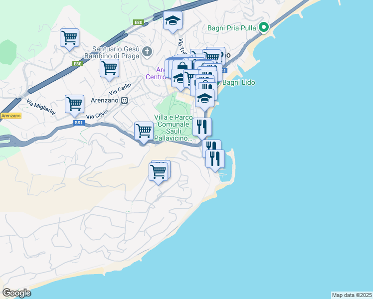 map of restaurants, bars, coffee shops, grocery stores, and more near 4 Via della Pineta in Arenzano