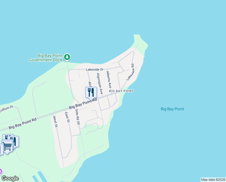map of restaurants, bars, coffee shops, grocery stores, and more near 30 Big Bay Point Road in Innisfil