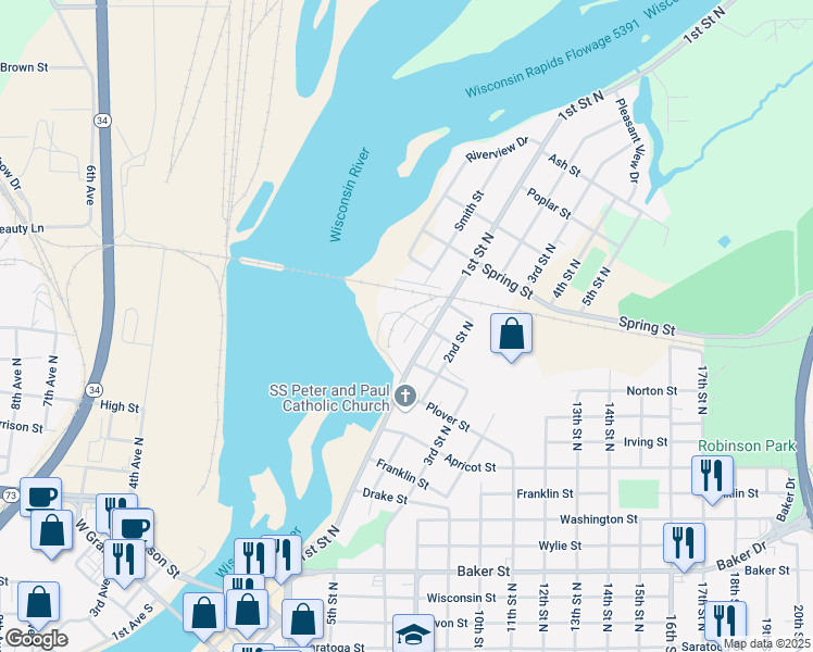 map of restaurants, bars, coffee shops, grocery stores, and more near 90 Love Street in Wisconsin Rapids