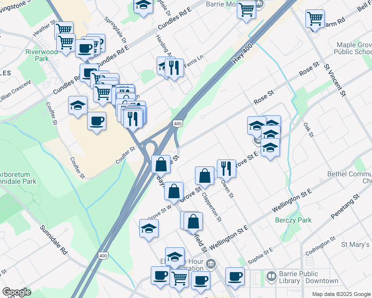 map of restaurants, bars, coffee shops, grocery stores, and more near 21 Rose Street in Barrie