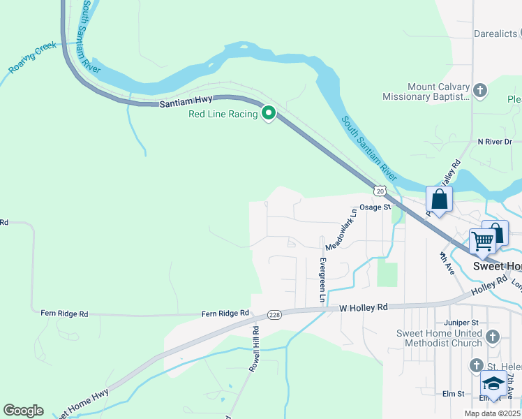 map of restaurants, bars, coffee shops, grocery stores, and more near 1462 Strawberry Ridge in Sweet Home