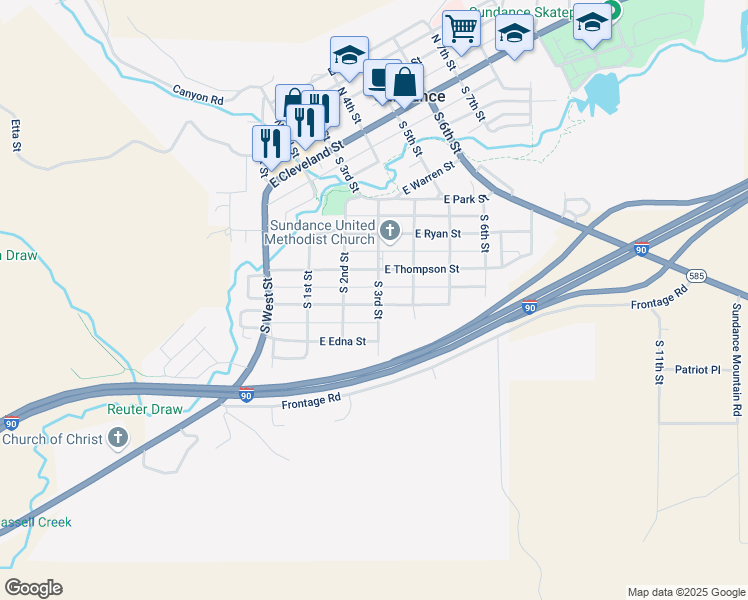 map of restaurants, bars, coffee shops, grocery stores, and more near 255 East Alden Street in Sundance