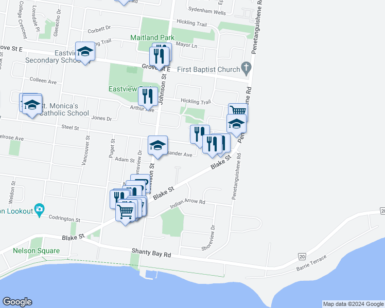 map of restaurants, bars, coffee shops, grocery stores, and more near 34 Alexander Avenue in Barrie