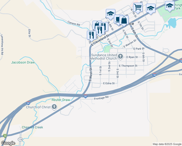 map of restaurants, bars, coffee shops, grocery stores, and more near South West Street in Sundance