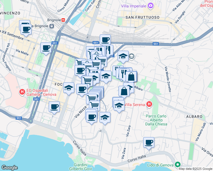 map of restaurants, bars, coffee shops, grocery stores, and more near 42 Via Trento in Genova