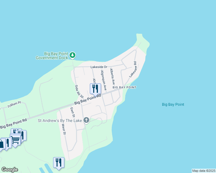 map of restaurants, bars, coffee shops, grocery stores, and more near 3919 Algonquin Avenue in Innisfil