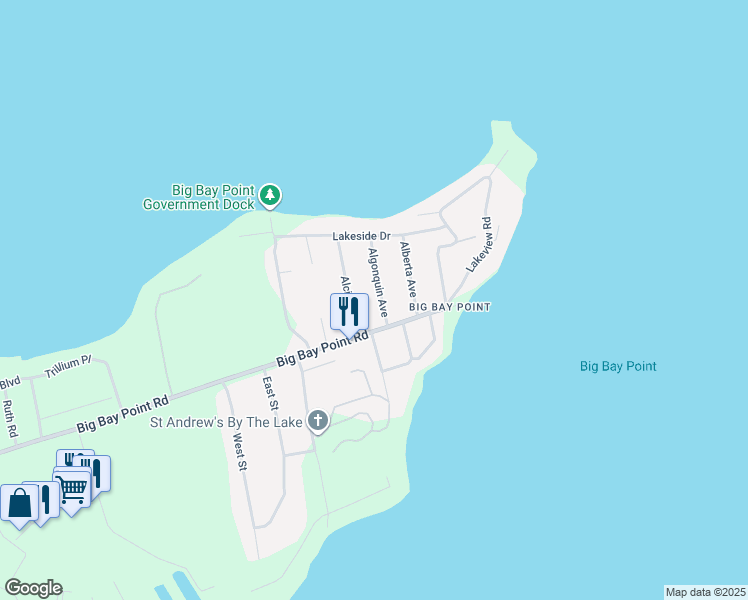 map of restaurants, bars, coffee shops, grocery stores, and more near 3914 Algonquin Avenue in Innisfil
