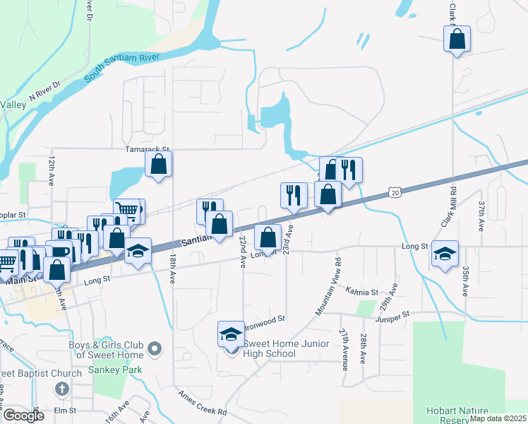 map of restaurants, bars, coffee shops, grocery stores, and more near 2226 Main Street in Sweet Home