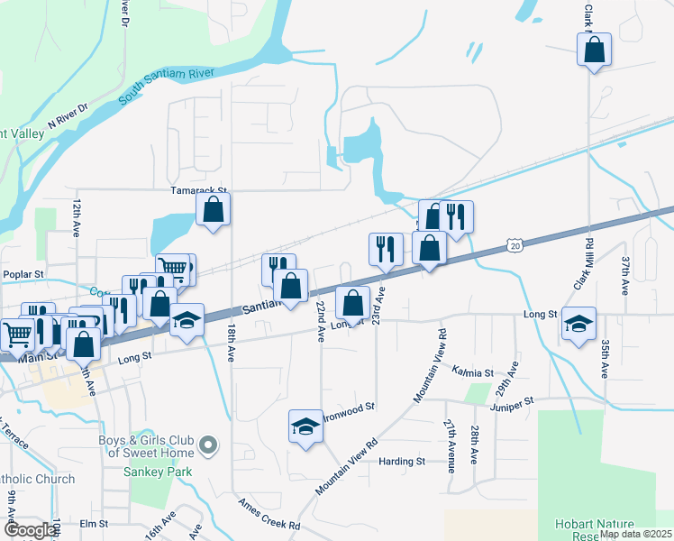 map of restaurants, bars, coffee shops, grocery stores, and more near 2226 Main Street in Sweet Home