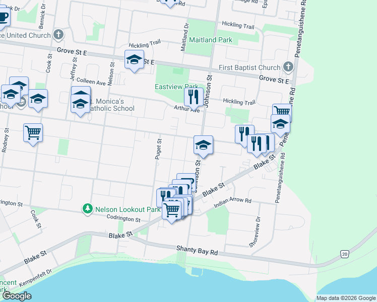 map of restaurants, bars, coffee shops, grocery stores, and more near 37 Downsview Drive in Barrie