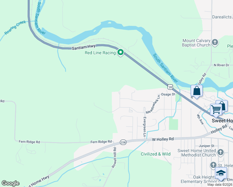 map of restaurants, bars, coffee shops, grocery stores, and more near 1462 Strawberry Ridge in Sweet Home